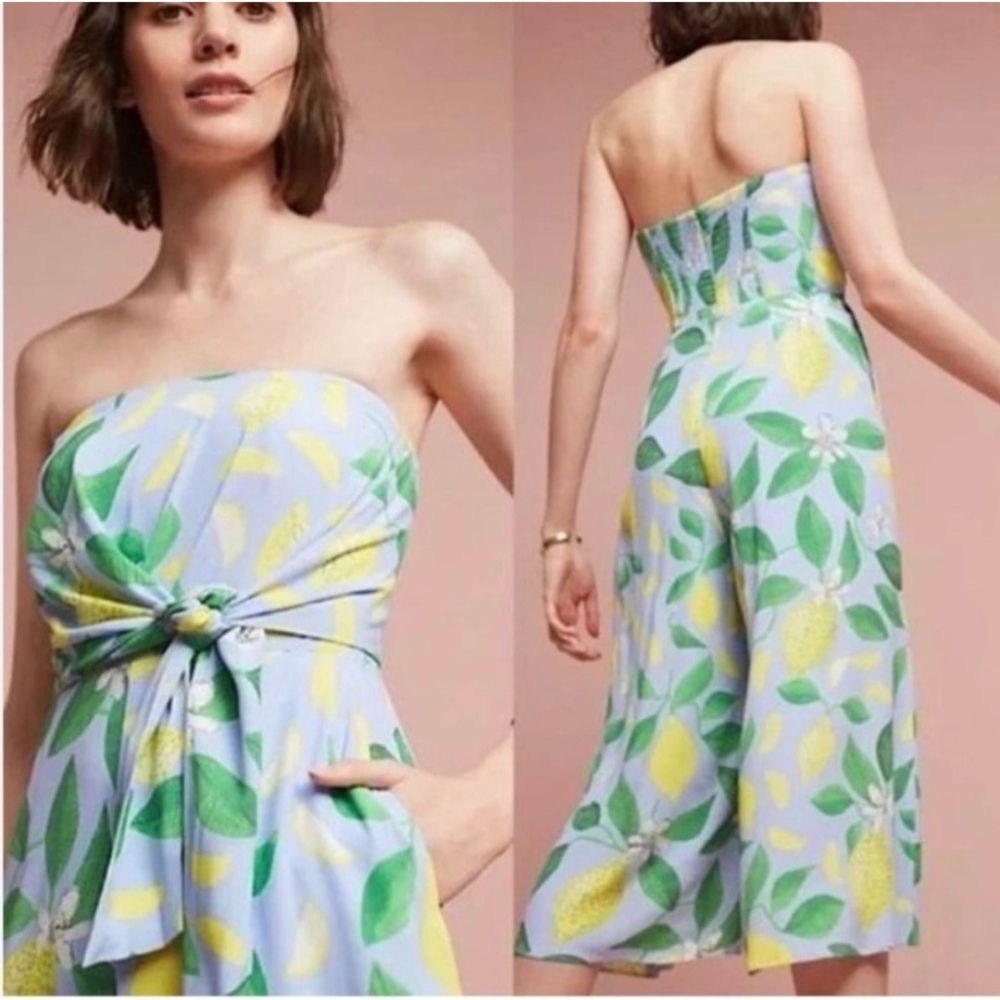Anthropologie Strapless Lemon-Leaf Print Jumpsuit — Light Blue, Yellow, Green